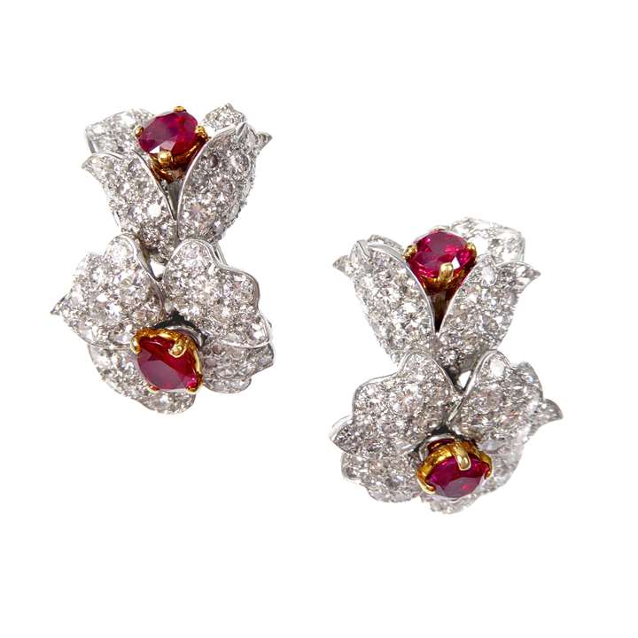 Pair of diamond and ruby flower cluster earrings